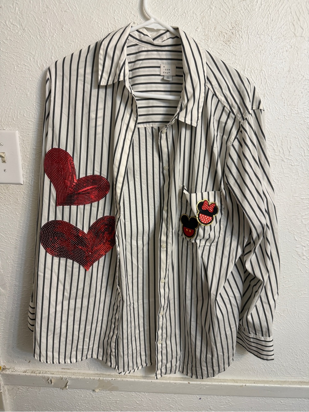 Mickey and Minnie Mouse Button-Up Shirt with Red Heart Appliqués